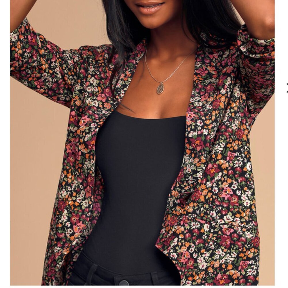 Lulu's Miss Punctuality Pink and Black Floral Print Lightweight Blazer - Picture 9 of 12